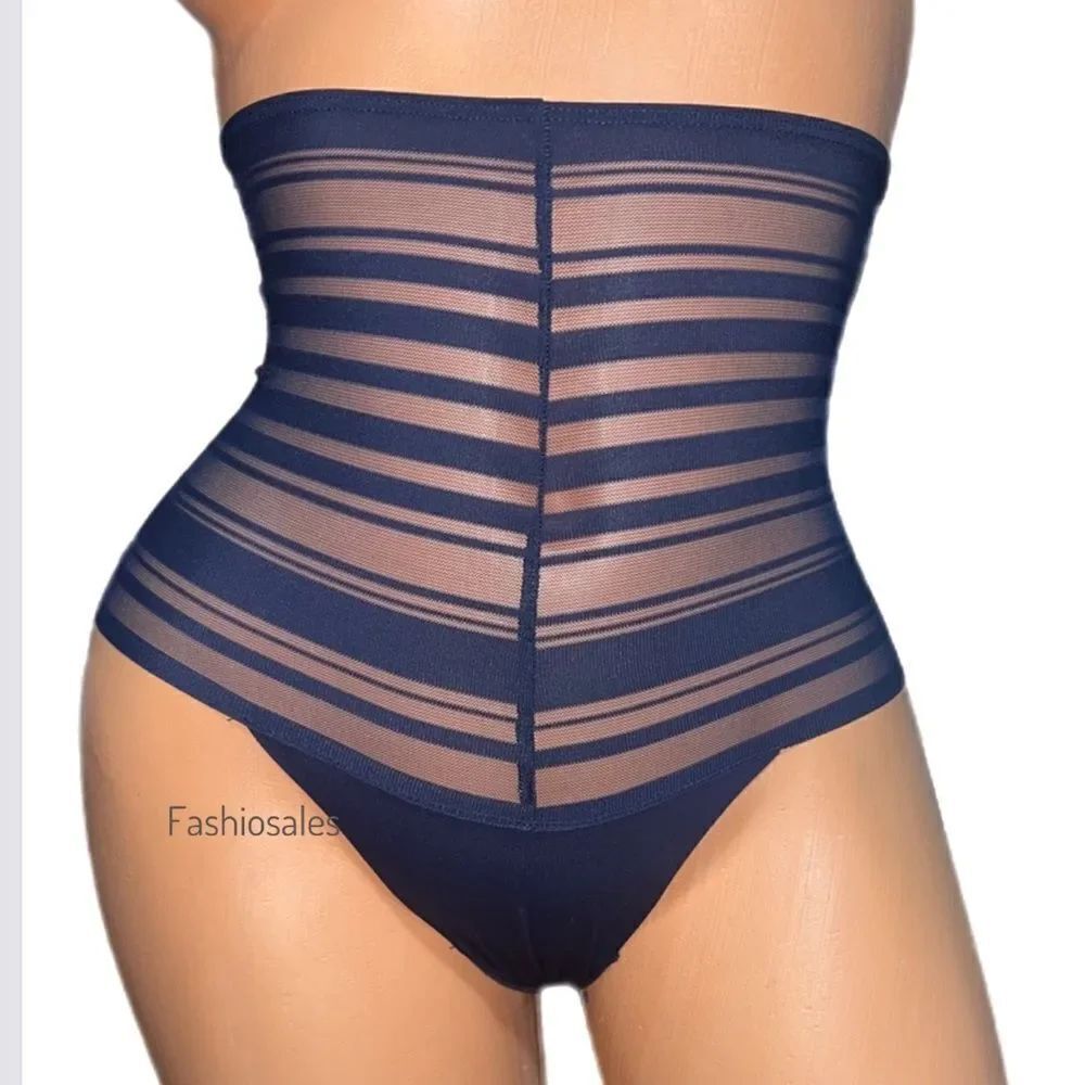 Victorias Secret High-waist Sexy Striped Sheer Mesh Thong Panty navy Large
